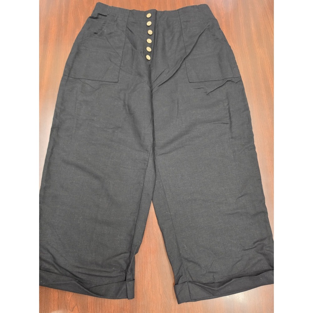 Linen Blend Wide Leg Pants XL Black Cotton Crop Pants Button Front Cuffed Capri